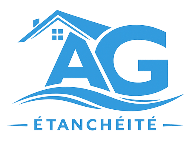 Logo professionnel AG en bleu éclatant avec contour de maison et vagues. Slogan : ÉTANCHÉITÉ.