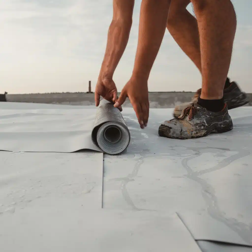 Toiture plate : Pose de membrane d'étanchéité par un ouvrier Installation de membrane d'étanchéité TPO/PVC. Les mains d'un ouvrier déroulent le rouleau sur un toit plat mouillé. Chaussures de travail sales.